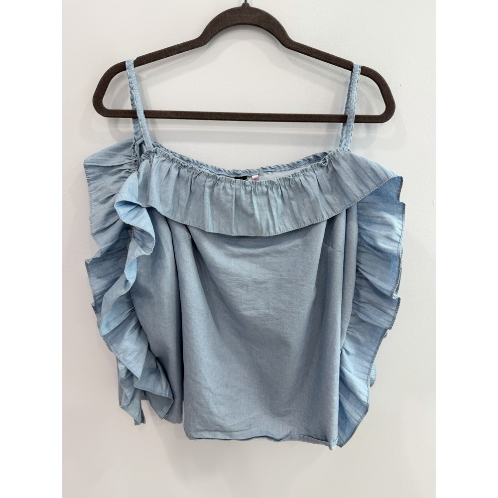 Love by Design Chambray Off Shoulder Ruffle Peasant Top Blue Medium Boho Chic